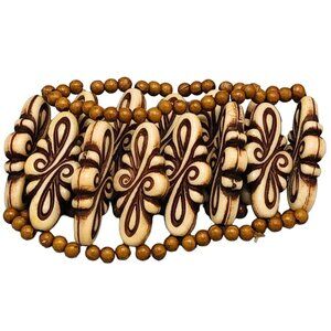 big beaded graphic bracelet brown 1.5" wide 8" around stretch READ